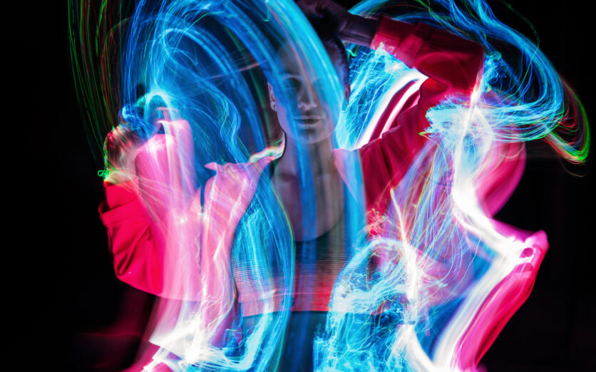 Metaverse digital Avatar, Metaverse Presence, digital technology, cyber world, virtual reality, futuristic lifestyle. Woman in augmented reality, NFT game with neon blur lines